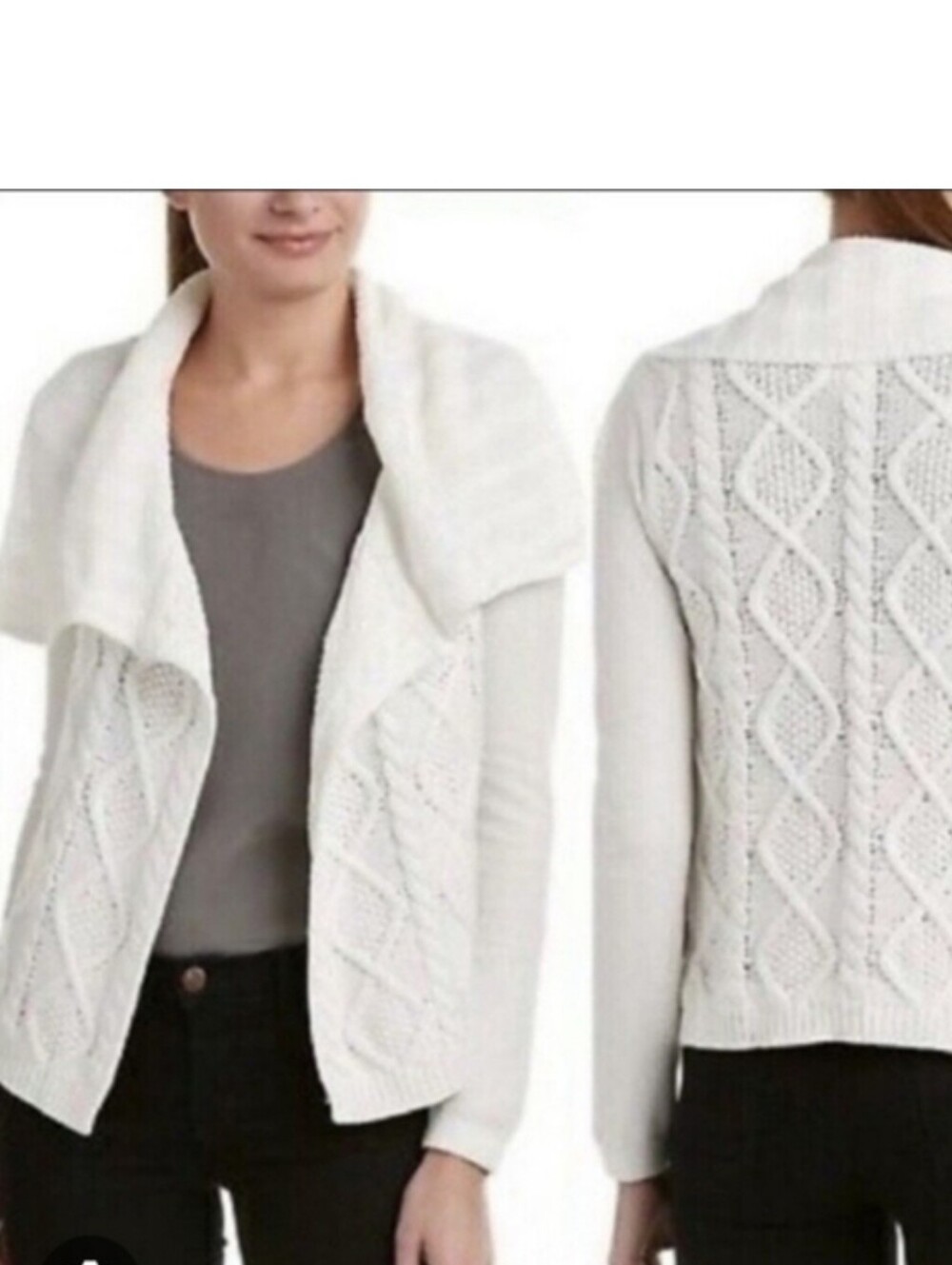 CABI Women's Ivory Cable Knit Collared Open Cardigan 100% Cotton Size Medium